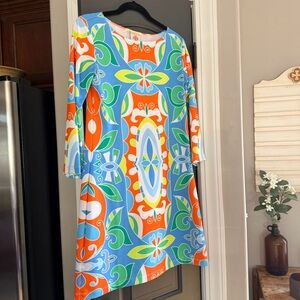 Michelle Parisou Vintage Retro Preppy Bell Sleeve Dress Orange White Blue Small